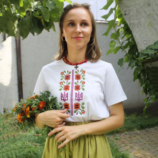 Жіноча футболка з вишивкою Ladan Чорнобривці біла з зеленим