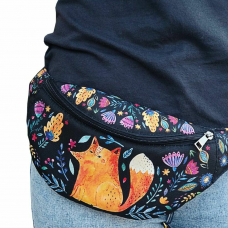 Сумка бананка Bumbag Лисиця та квіти на чорному