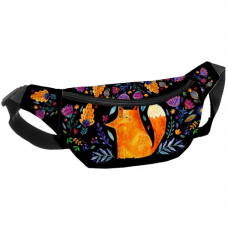 Сумка бананка Bumbag Лисиця та квіти на чорному